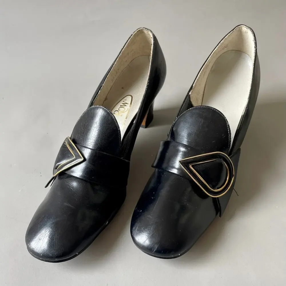 60s 70s Buckle Shoes MCM Low Heel Pilgrim Square Toe Front Row Chunky Heel 9AA